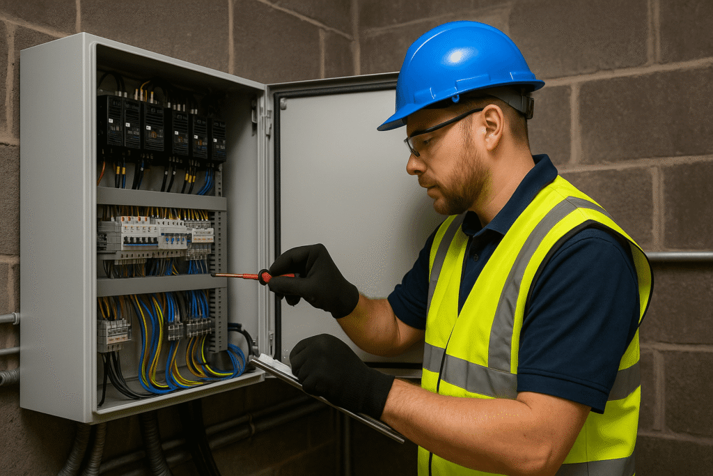 Electrician in a hard hat and safety vest inspecting an electrical control panel