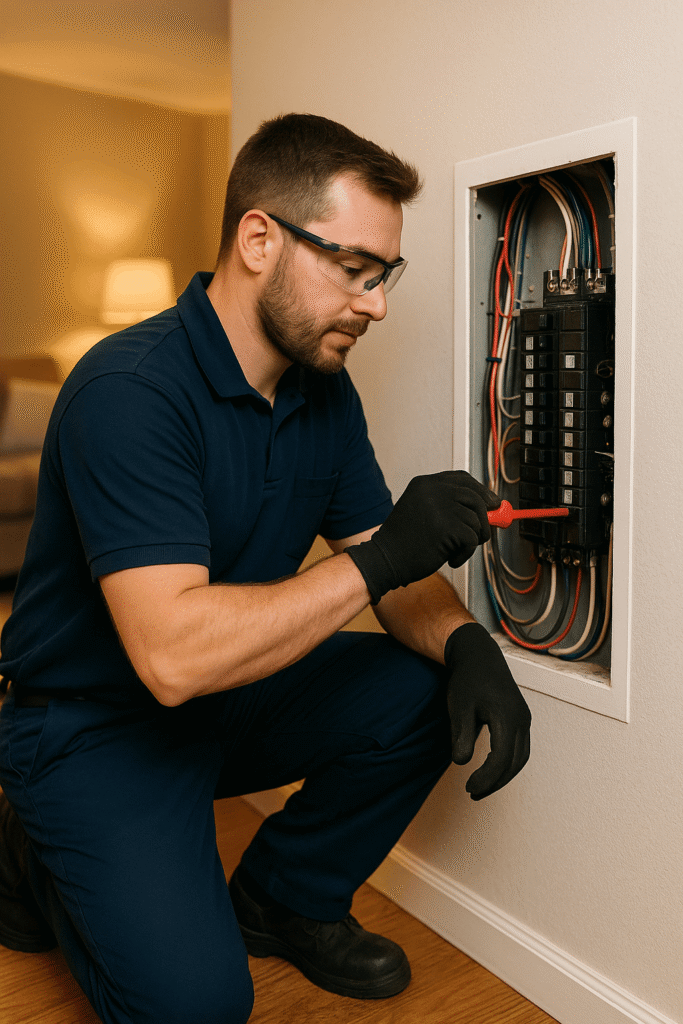 Electrician in a navy uniform working on a home electrical panel