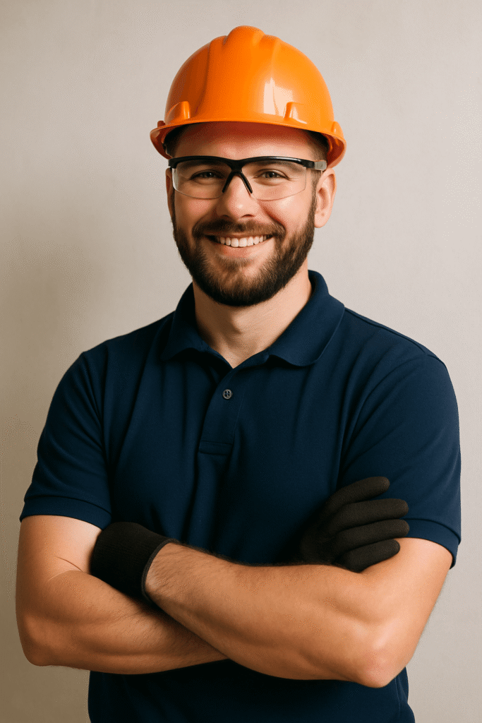 Smiling electrician in an orange hard hat and safety glasses